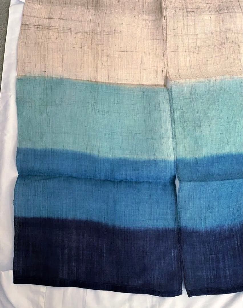 新品未使用 麻100% 藍染グラデーションのれん ベージュ・緑・青・紺