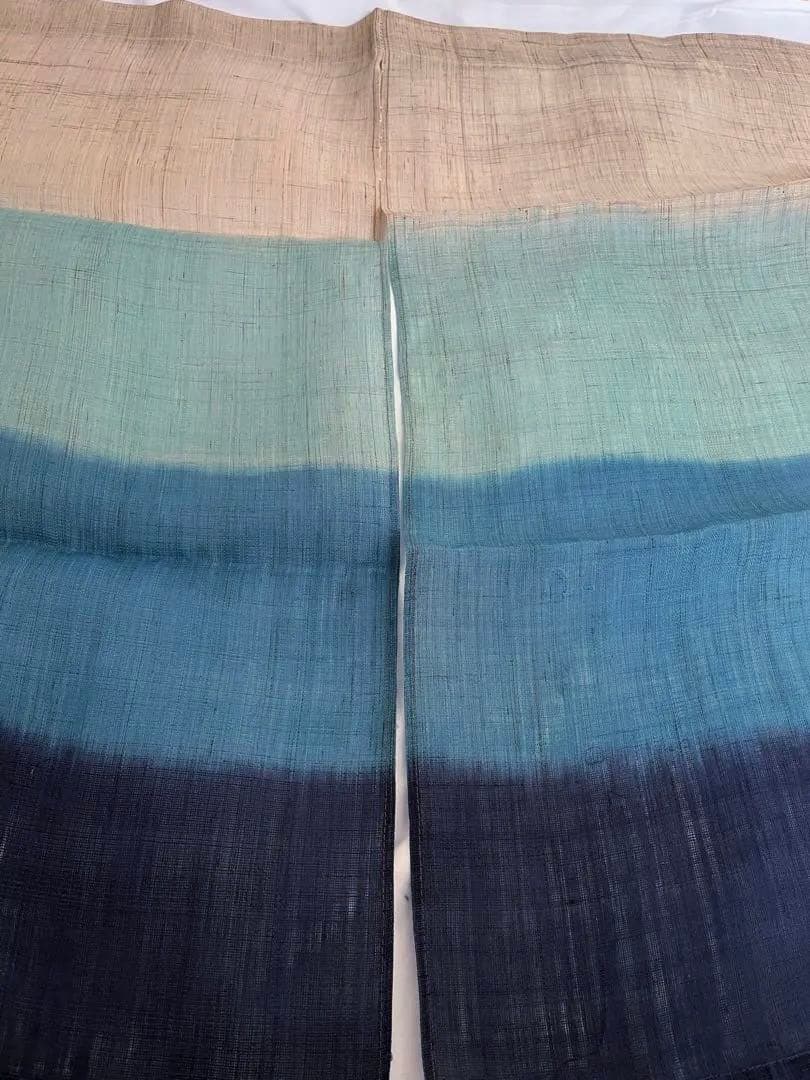 新品未使用 麻100% 藍染グラデーションのれん ベージュ・緑・青・紺