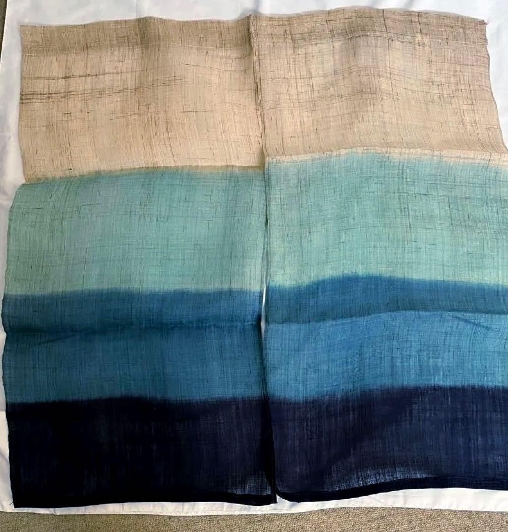 新品未使用 麻100% 藍染グラデーションのれん ベージュ・緑・青・紺