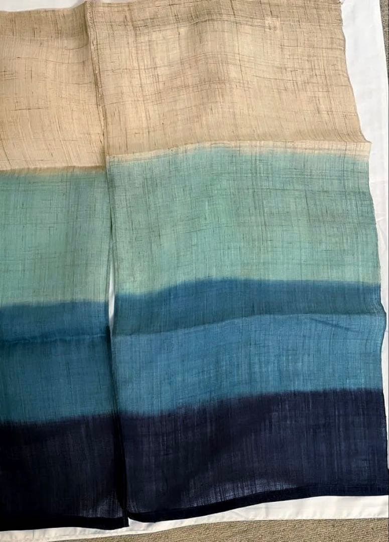 新品未使用 麻100% 藍染グラデーションのれん ベージュ・緑・青・紺