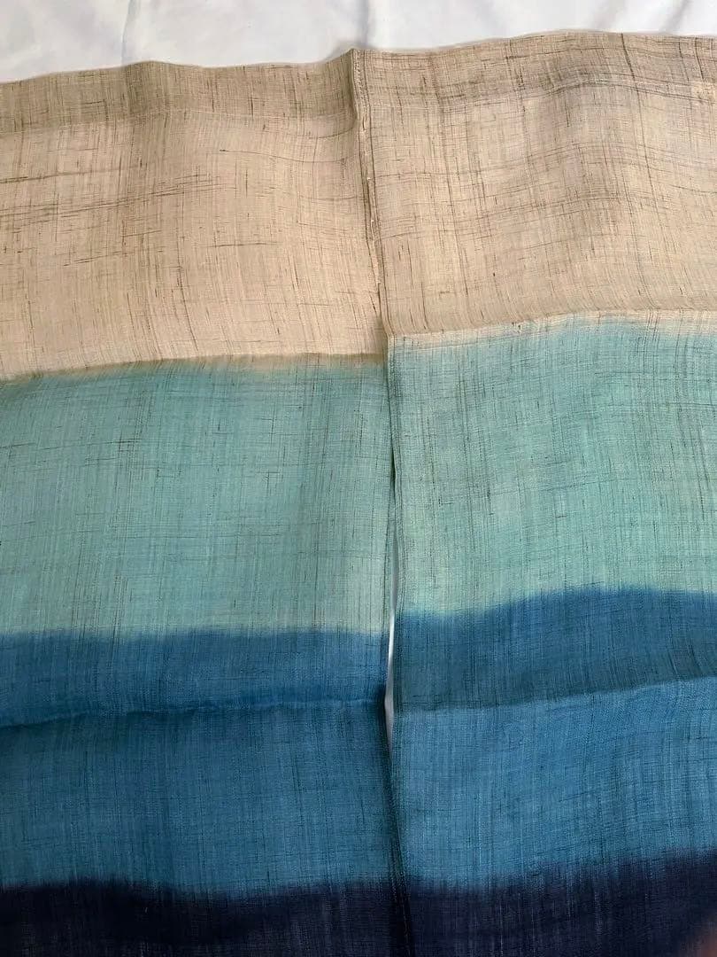 新品未使用 麻100% 藍染グラデーションのれん ベージュ・緑・青・紺