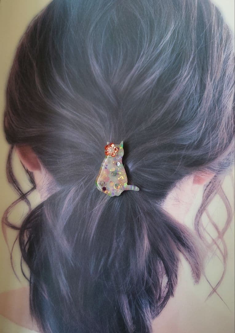レジン　猫　ヘアゴム　ブローチ　ポニーフック　No.840