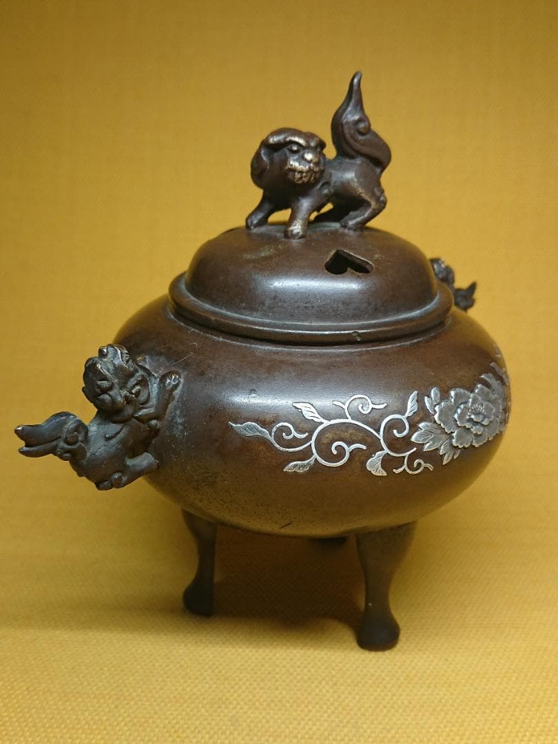 香炉　古玩　古銅　骨董　銀象嵌　置物　インテリア　工芸品　美術品　A3365