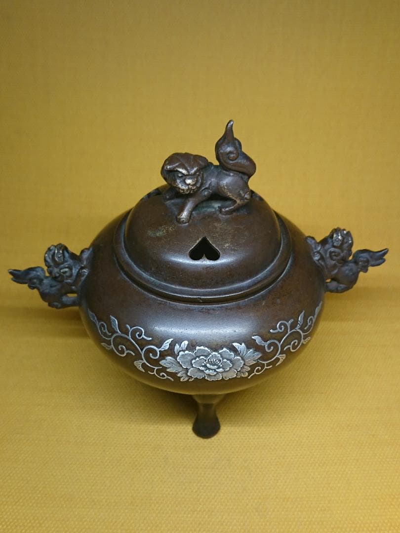 香炉　古玩　古銅　骨董　銀象嵌　置物　インテリア　工芸品　美術品　A3365