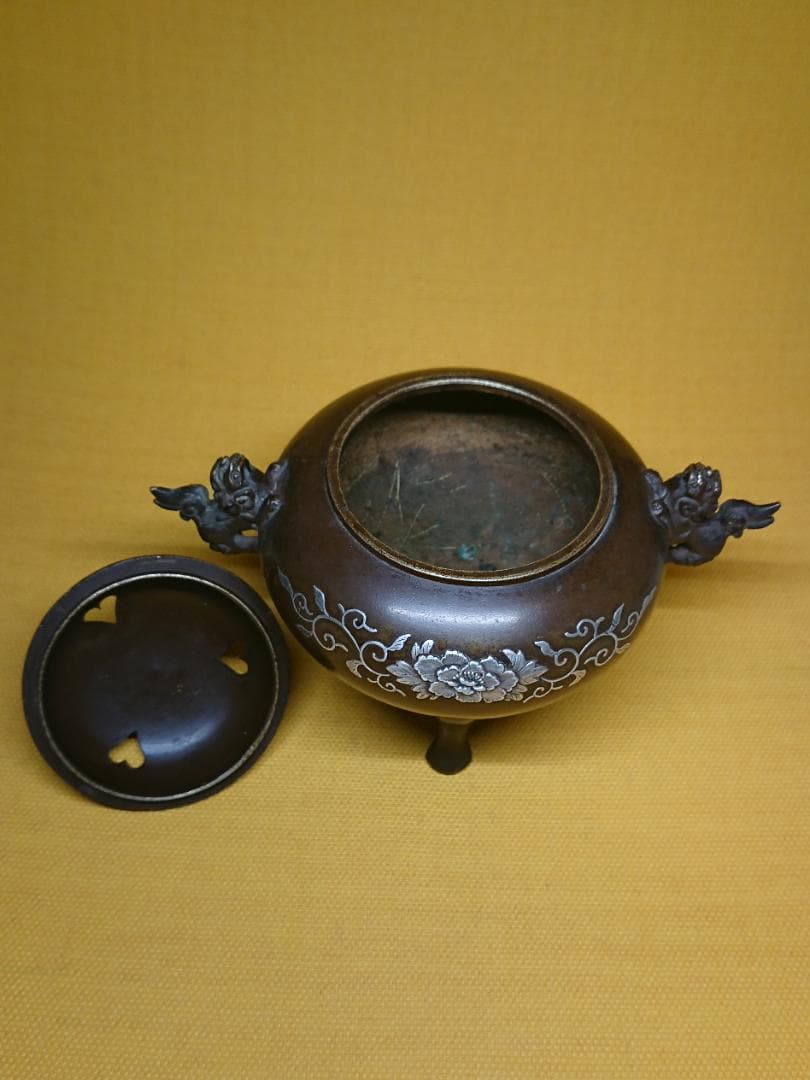 香炉　古玩　古銅　骨董　銀象嵌　置物　インテリア　工芸品　美術品　A3365