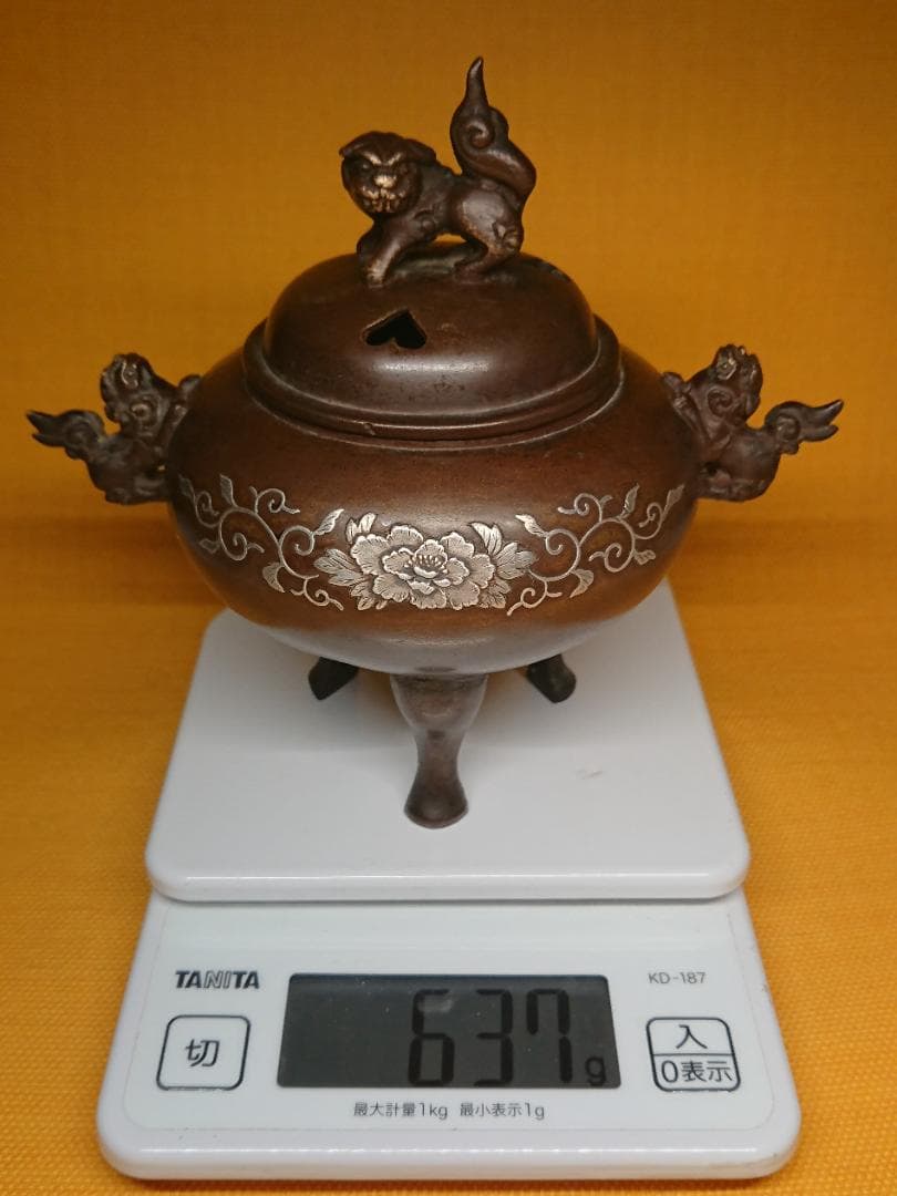 香炉　古玩　古銅　骨董　銀象嵌　置物　インテリア　工芸品　美術品　A3365