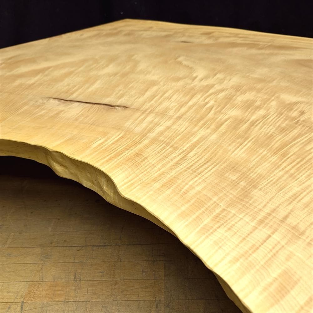 無垢　栃　トチ　縮杢　ちぢみもく　１枚板　丸太脚　座卓　テーブル　ローテーブル