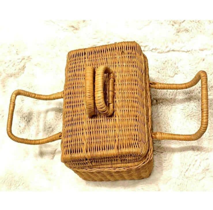 【希少】昭和レトロ 蓋付き竹編みバスケット2点セット