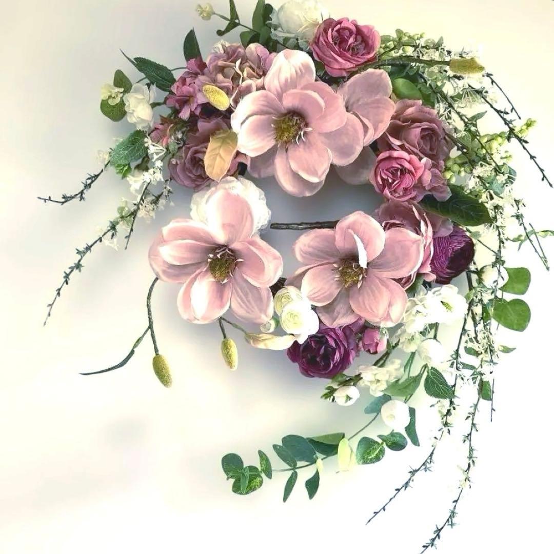 『春の華』　薄紅木蓮とユキヤナギのリース　モクレン最後の一点1番大きい限定品！