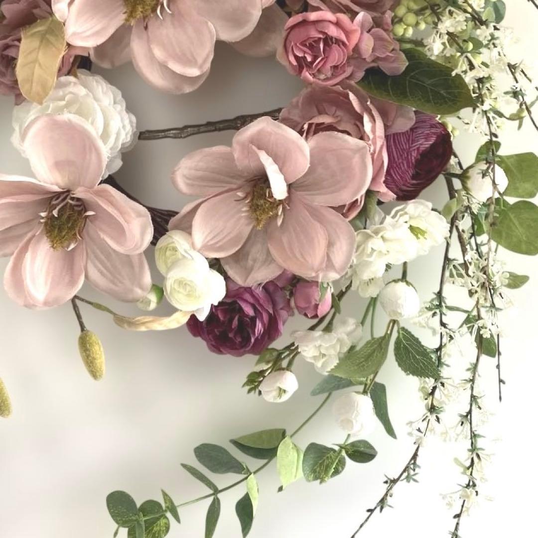 『春の華』　薄紅木蓮とユキヤナギのリース　モクレン最後の一点1番大きい限定品！