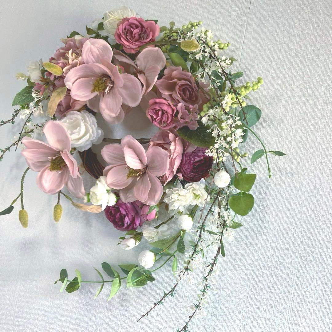 『春の華』　薄紅木蓮とユキヤナギのリース　モクレン最後の一点1番大きい限定品！