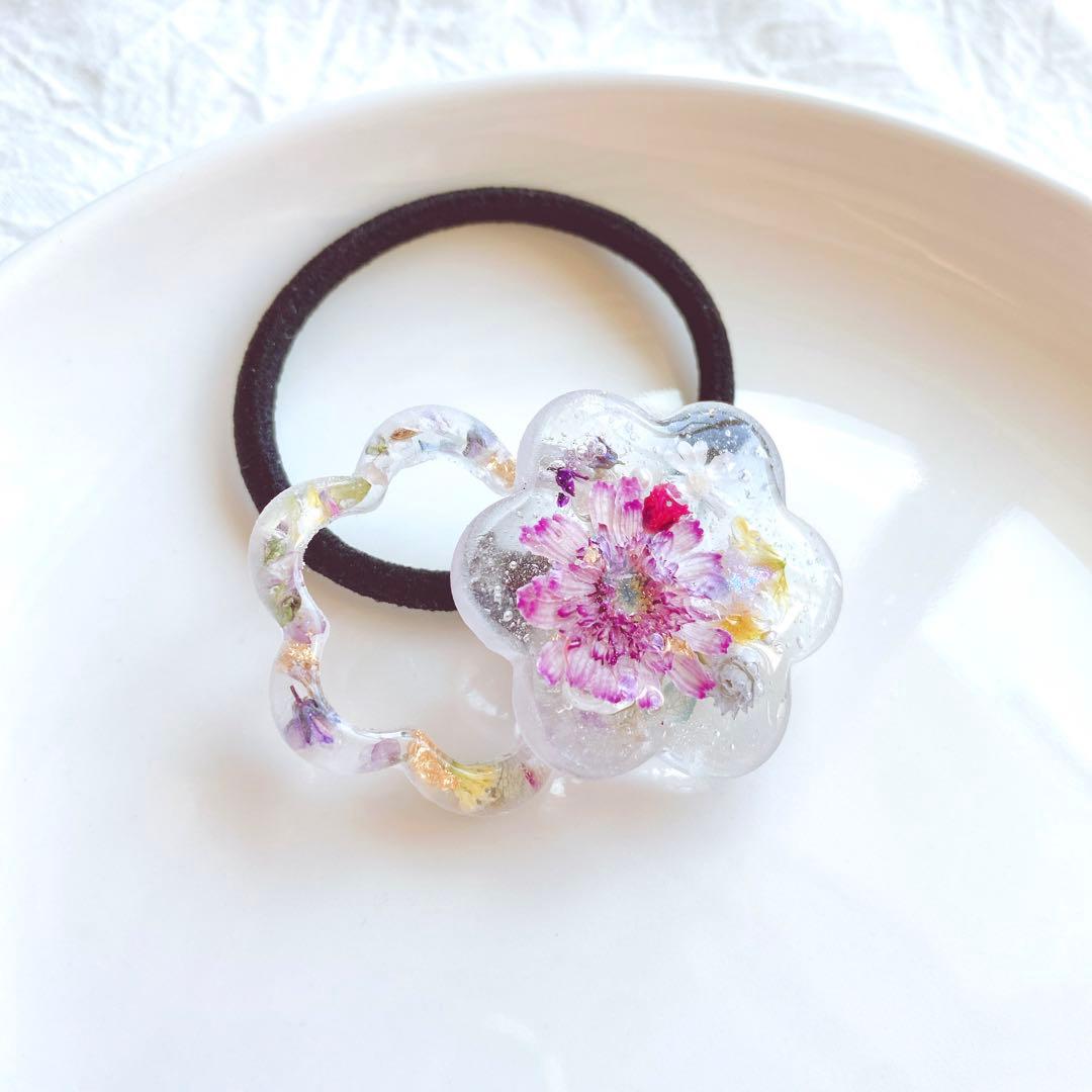 レジンヘアゴム 大ぶり　お花リング　氷　白　パープル　イエロー　マトリカリア