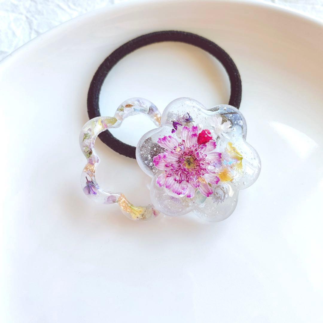 レジンヘアゴム 大ぶり　お花リング　氷　白　パープル　イエロー　マトリカリア
