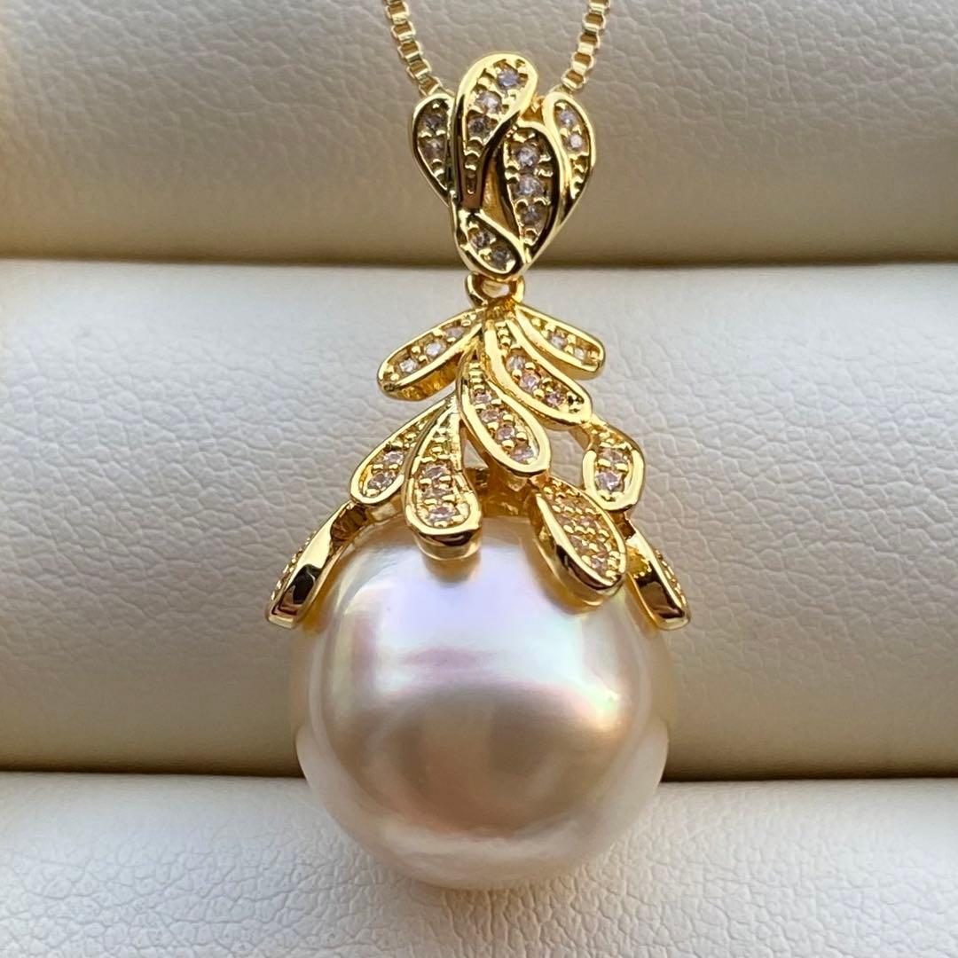 まとめ専用南洋白蝶真珠ネックレストップ　13.6mmシャンパンゴールドPT624