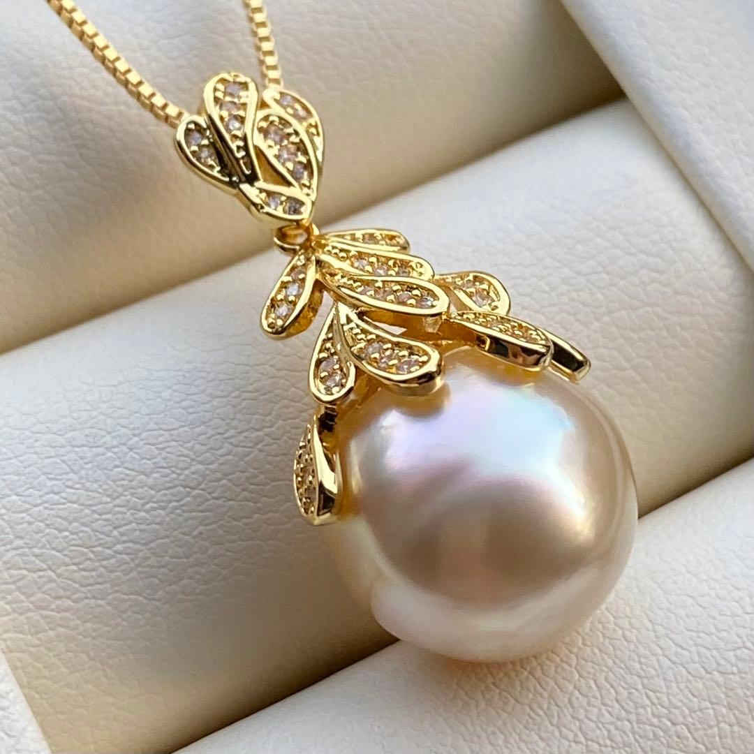 まとめ専用南洋白蝶真珠ネックレストップ　13.6mmシャンパンゴールドPT624