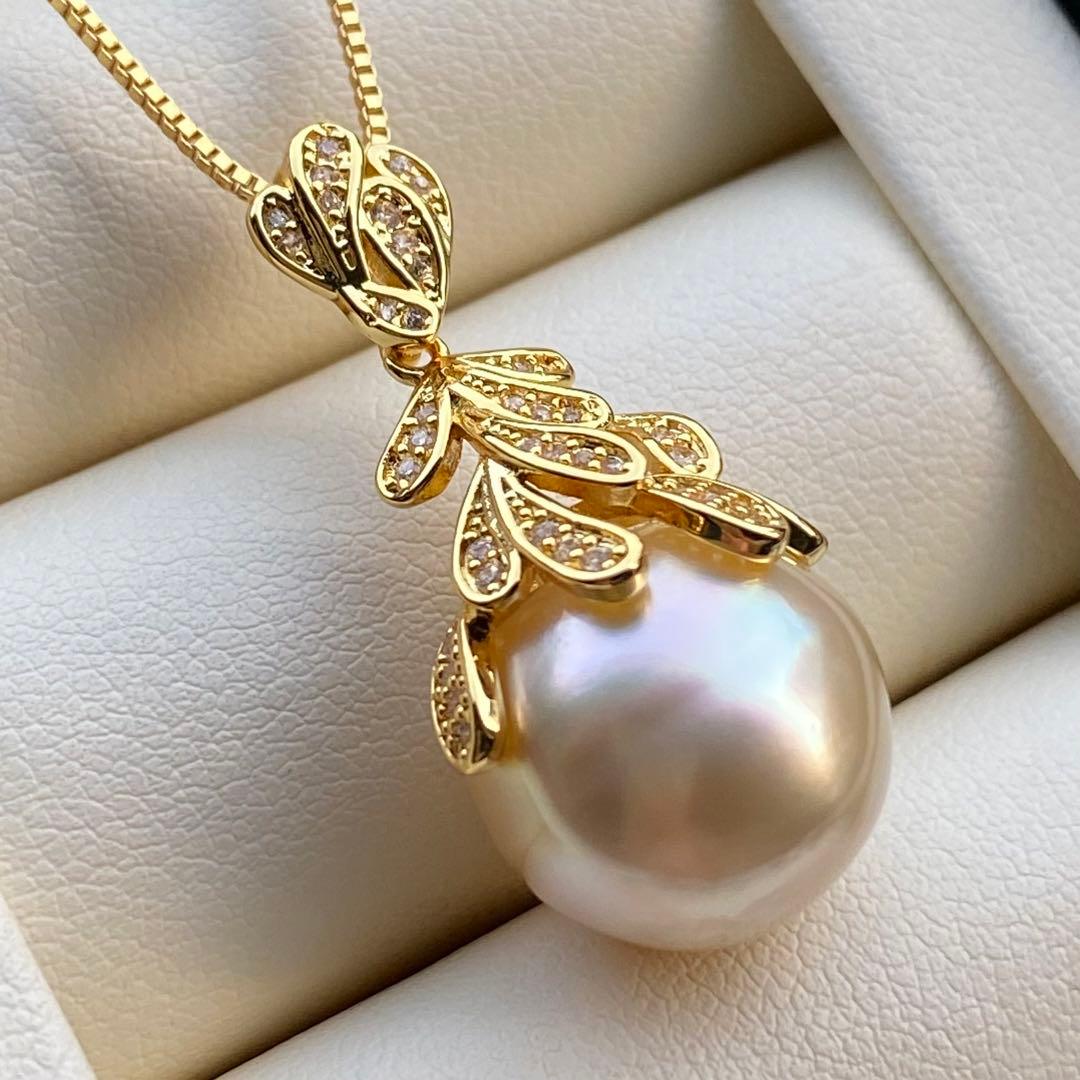 まとめ専用南洋白蝶真珠ネックレストップ　13.6mmシャンパンゴールドPT624