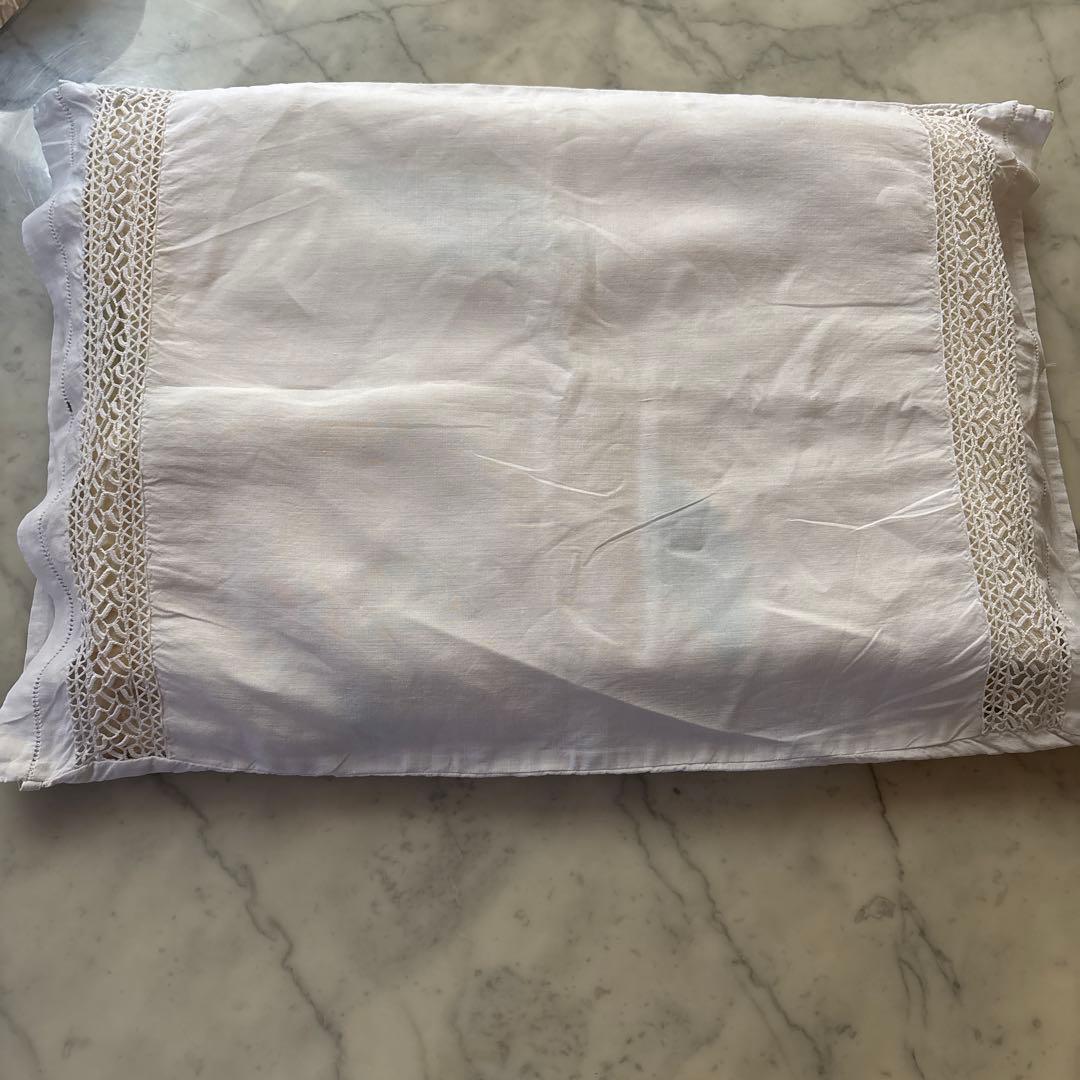 フランス　アンティーク　ヴィンテージ　ピローカバー　ホワイトレース