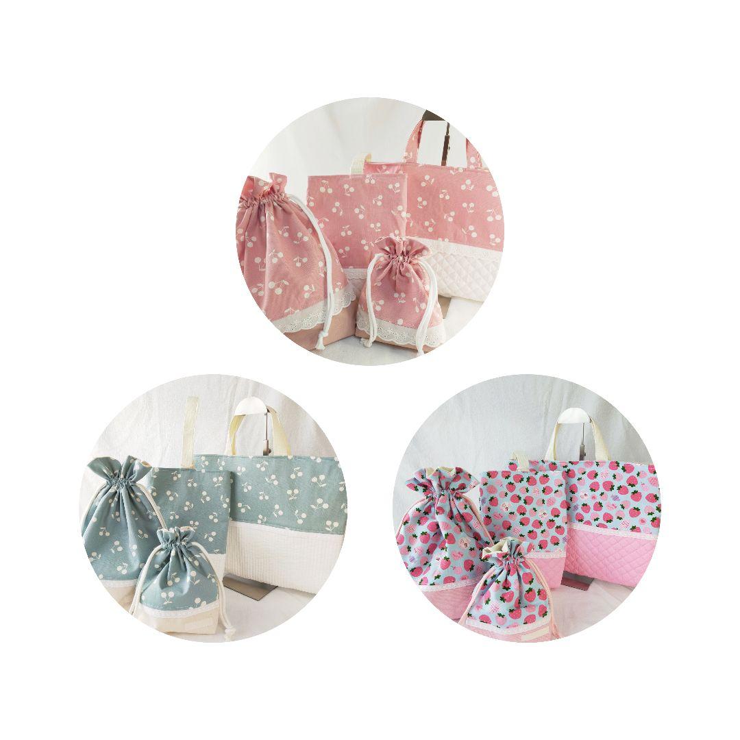 カラフルいちごの入園入学セット　ハンドメイド　通園バッグ　上靴袋　給食袋　着替袋