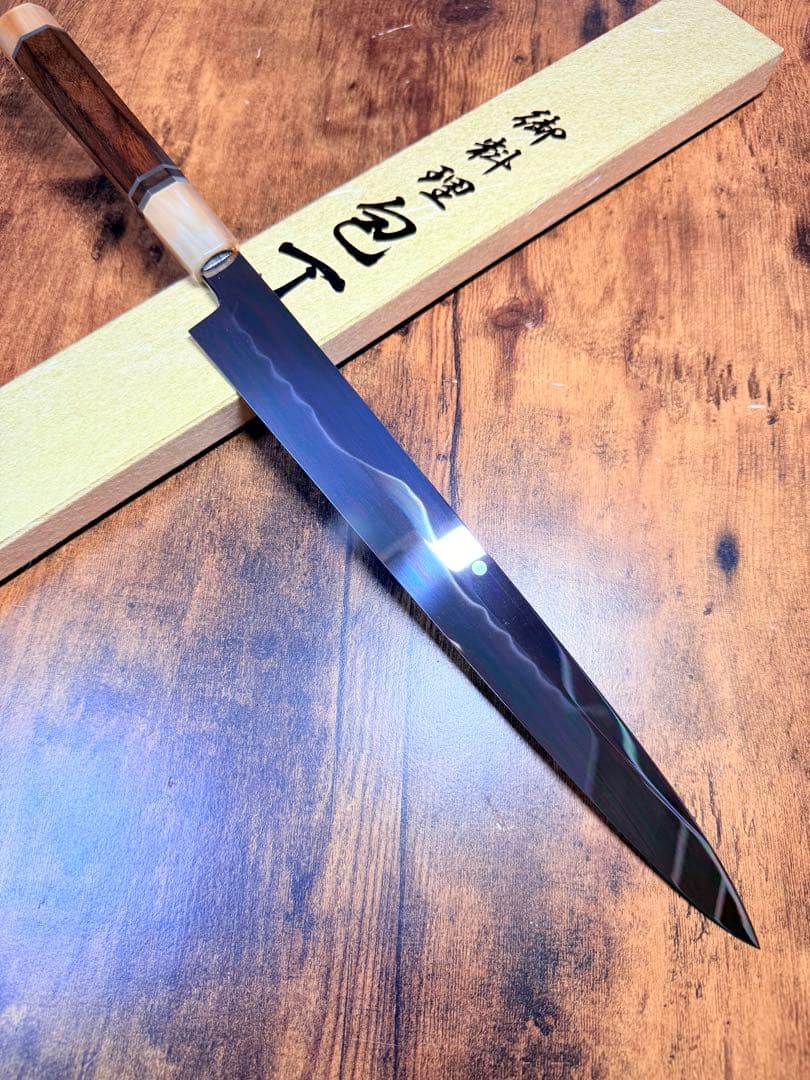 池田美和　刺身 柳刃　本焼　白紙鋼　富士山 全鏡面　尺　紫檀白水牛八角柄