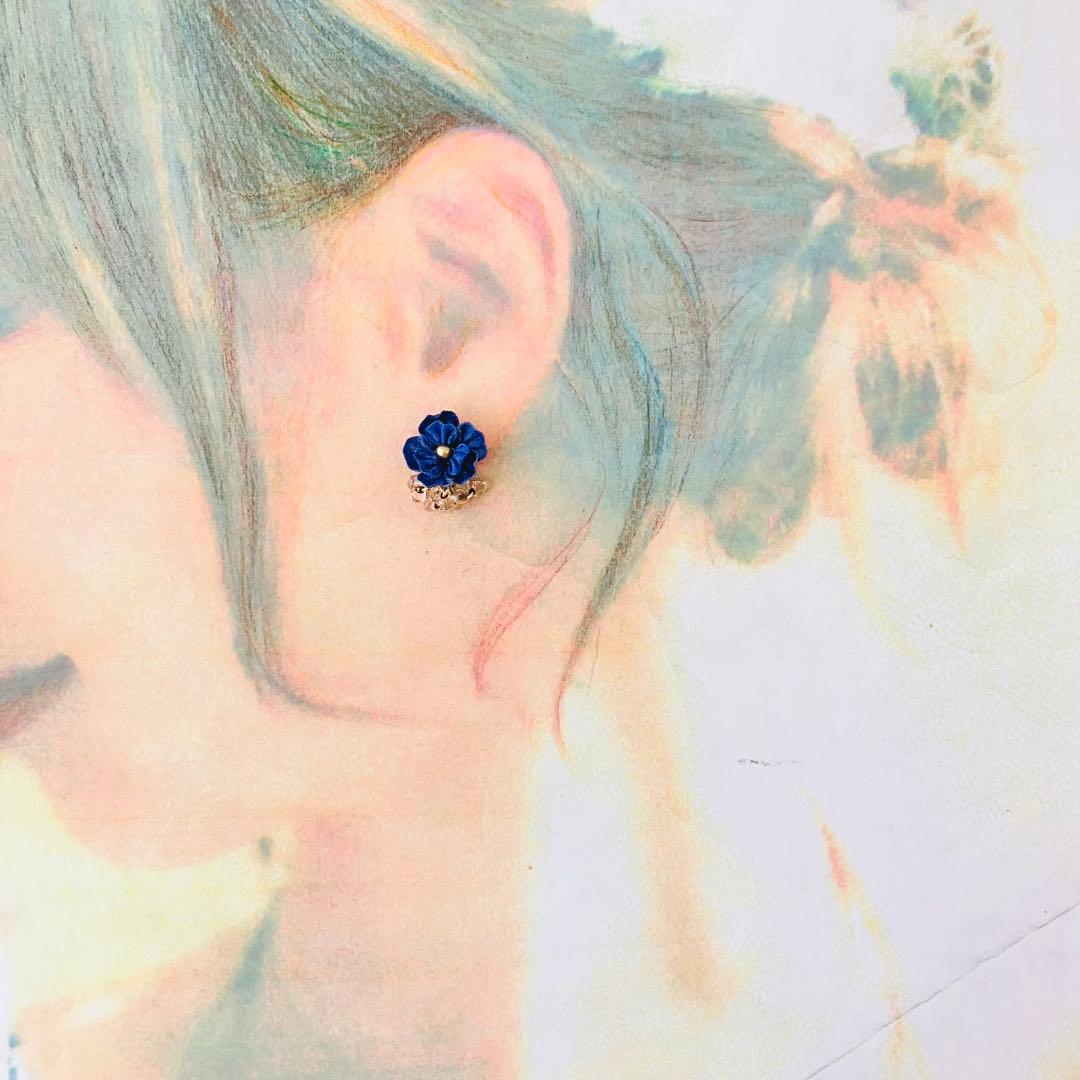 no.686 ブルー　ピアス　イヤリング　和風　つまみ細工　着物