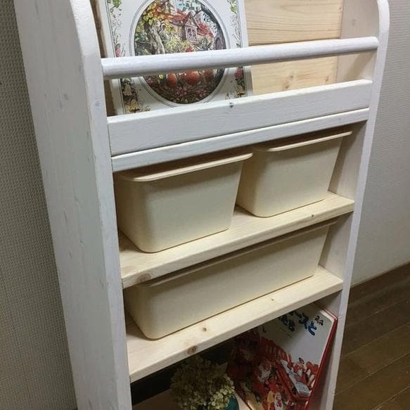 【サイズオーダー可】【引取可能】収納ケース大1個&小2個付き絵本棚 幅43cm