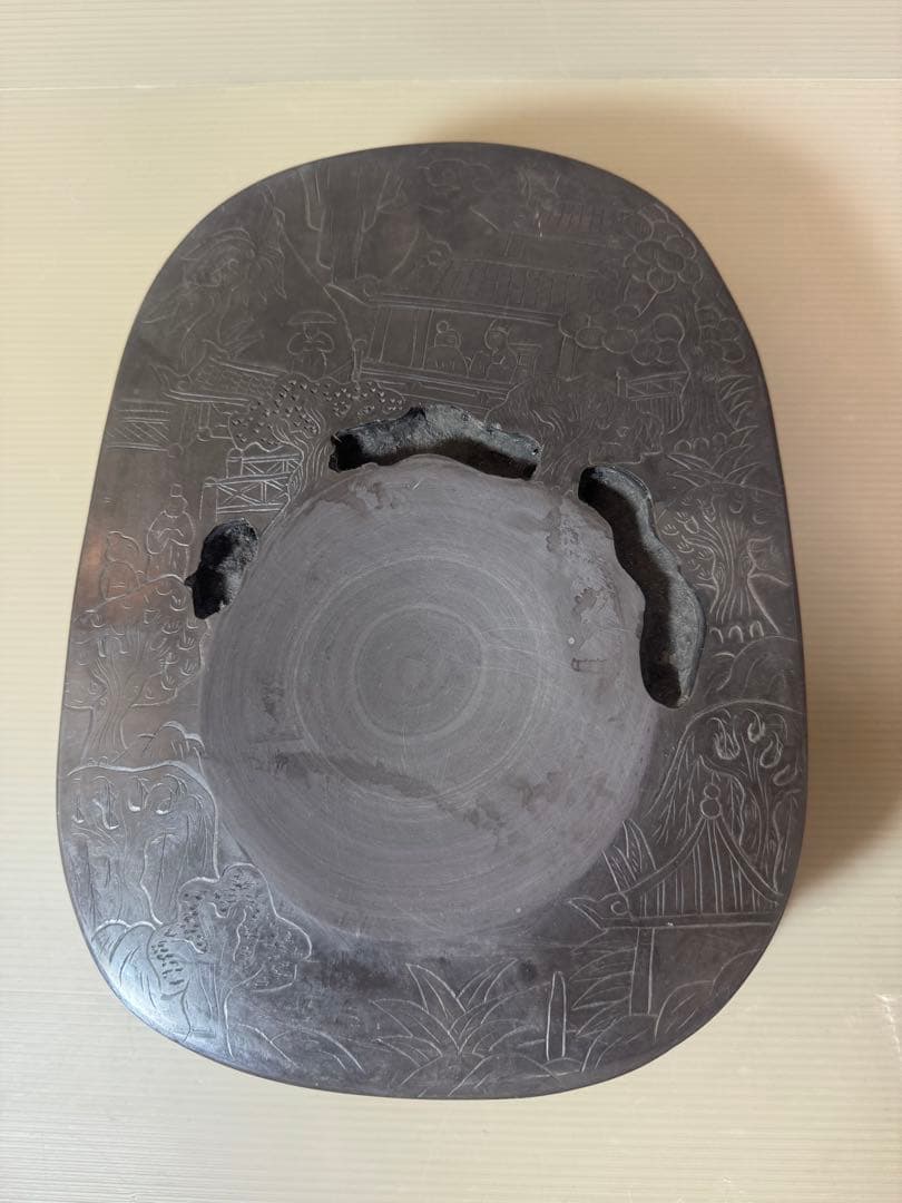 2911 中国古硯　人物文字彫刻　中国骨董　書道具