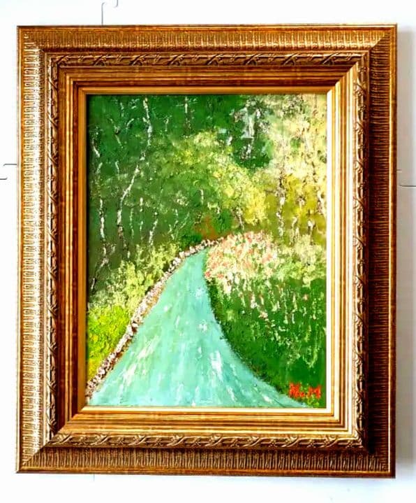 油彩画〔題名 ならの小川] アクリル版 匿名発送・送料込