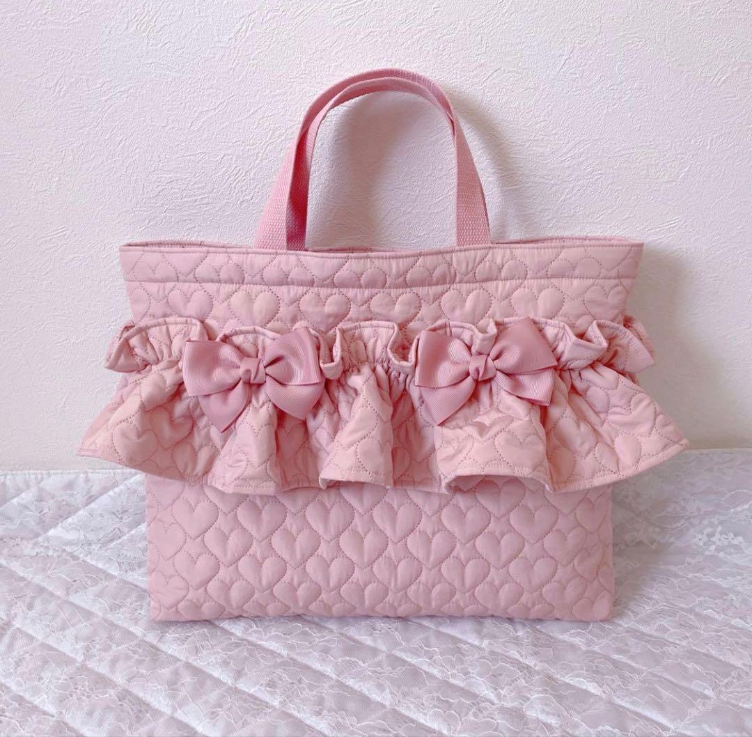 レッスンバッグ.体操服入れ.上靴袋3点セット♡ハート柄キルト(コーラルピンク)