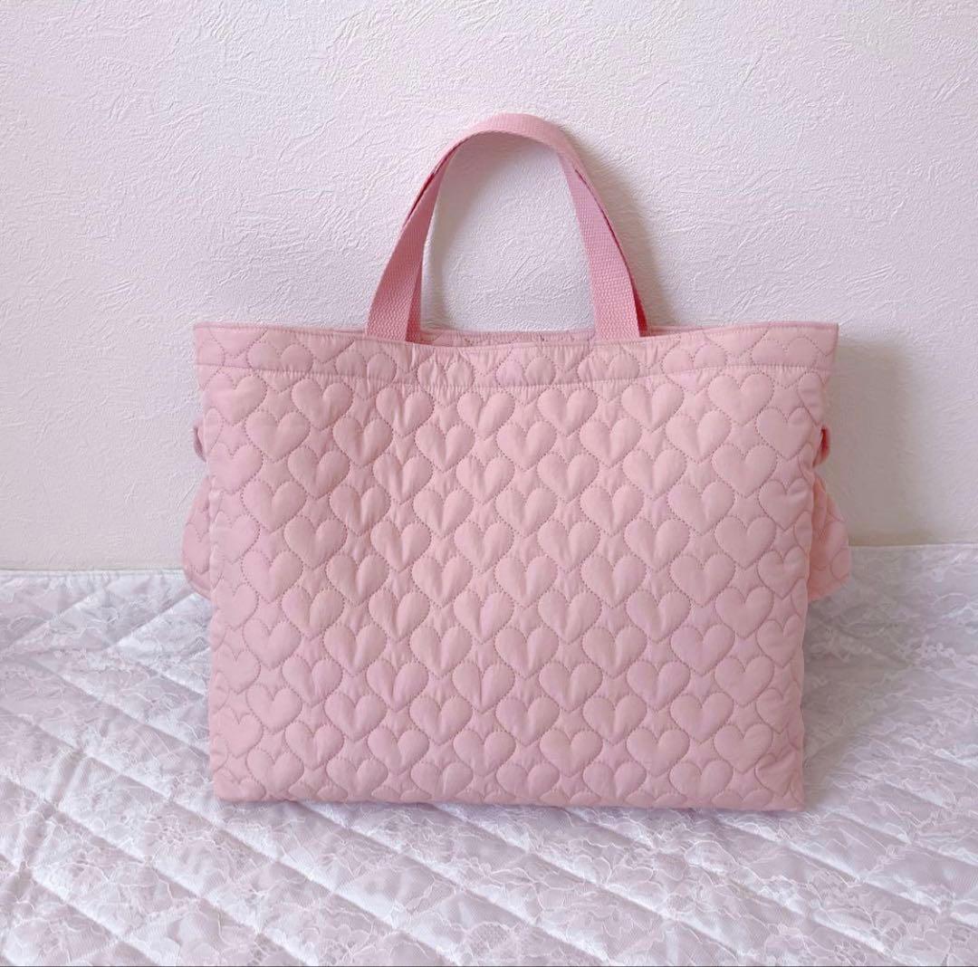 レッスンバッグ.体操服入れ.上靴袋3点セット♡ハート柄キルト(コーラルピンク)