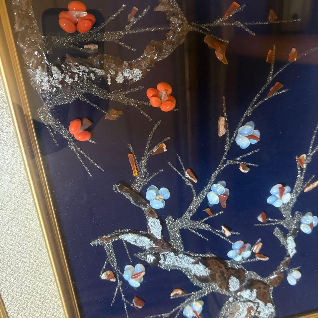 日本画　梅の花 立体装飾画 和風 額装 インテリア　天然石　アート　春　和モダン