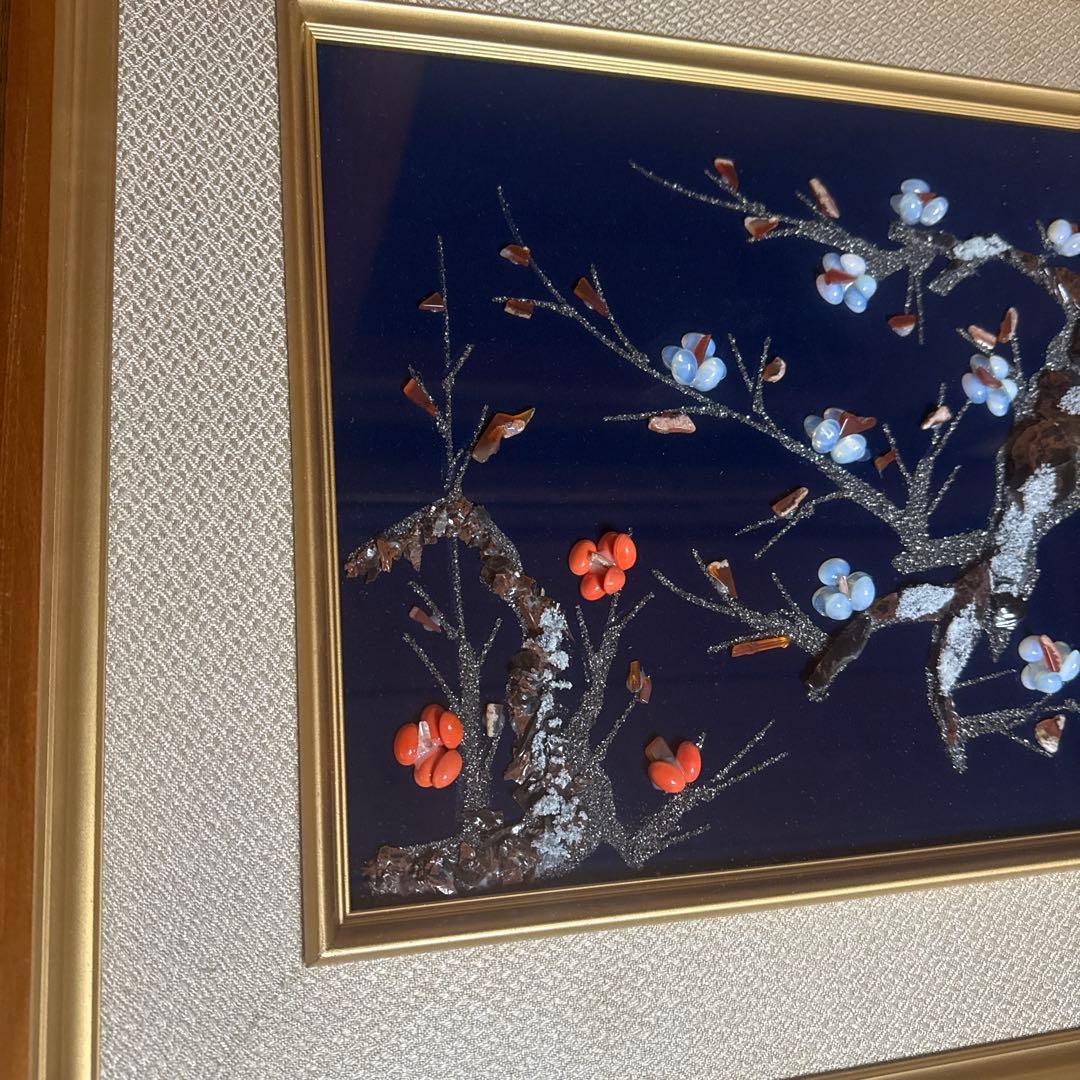 日本画　梅の花 立体装飾画 和風 額装 インテリア　天然石　アート　春　和モダン