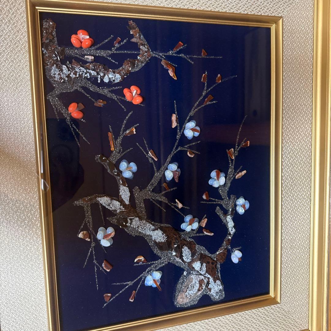日本画　梅の花 立体装飾画 和風 額装 インテリア　天然石　アート　春　和モダン