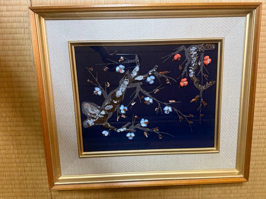 日本画　梅の花 立体装飾画 和風 額装 インテリア　天然石　アート　春　和モダン
