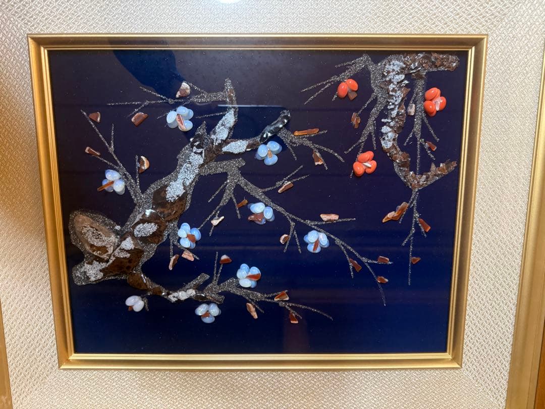 日本画　梅の花 立体装飾画 和風 額装 インテリア　天然石　アート　春　和モダン