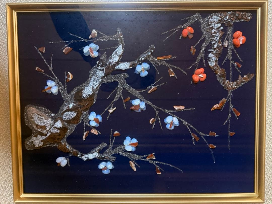 日本画　梅の花 立体装飾画 和風 額装 インテリア　天然石　アート　春　和モダン