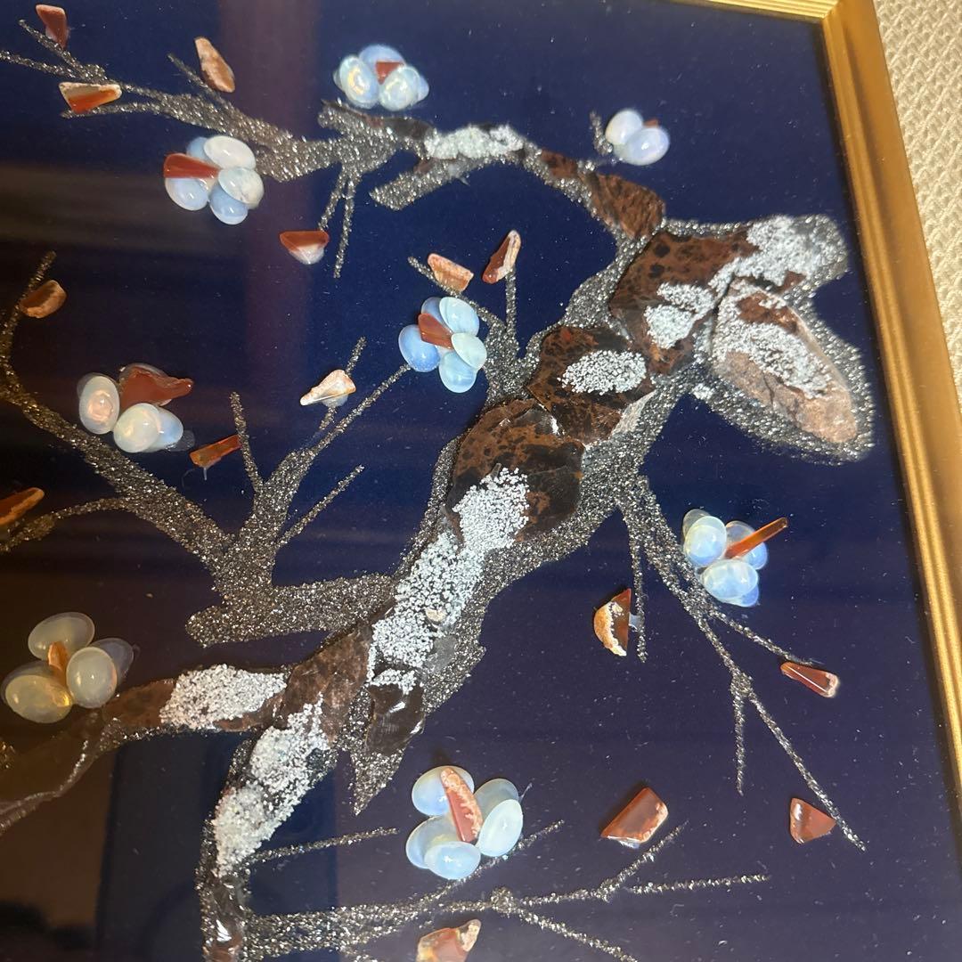 日本画　梅の花 立体装飾画 和風 額装 インテリア　天然石　アート　春　和モダン