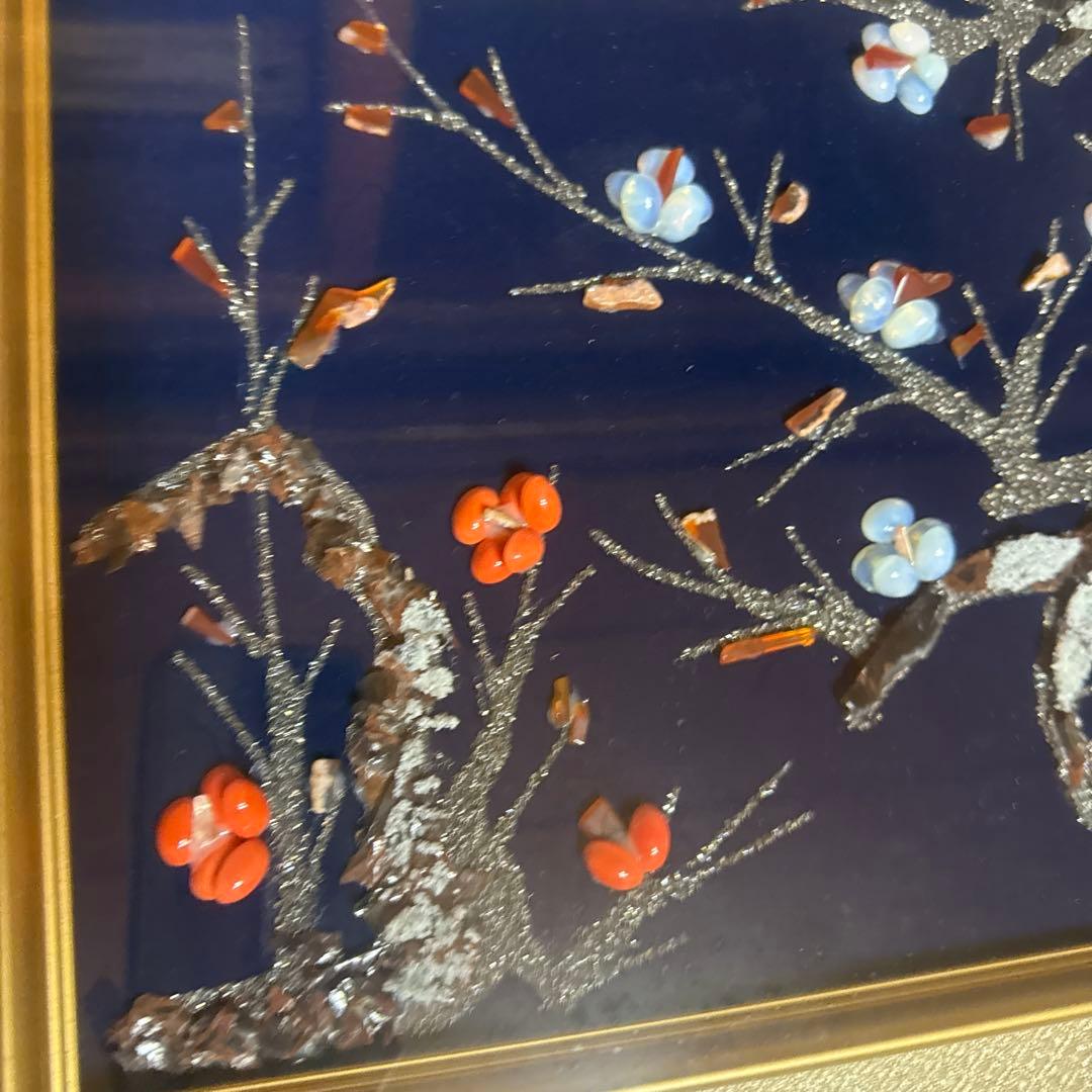 日本画　梅の花 立体装飾画 和風 額装 インテリア　天然石　アート　春　和モダン