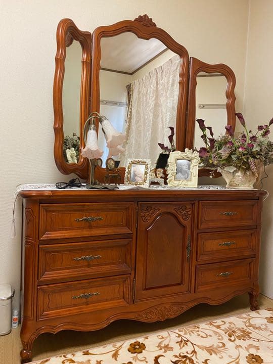 豪華三面鏡ドレッサーイタリア製、ロココ調、ヨーロピアン、アンティーク、姫系、猫脚