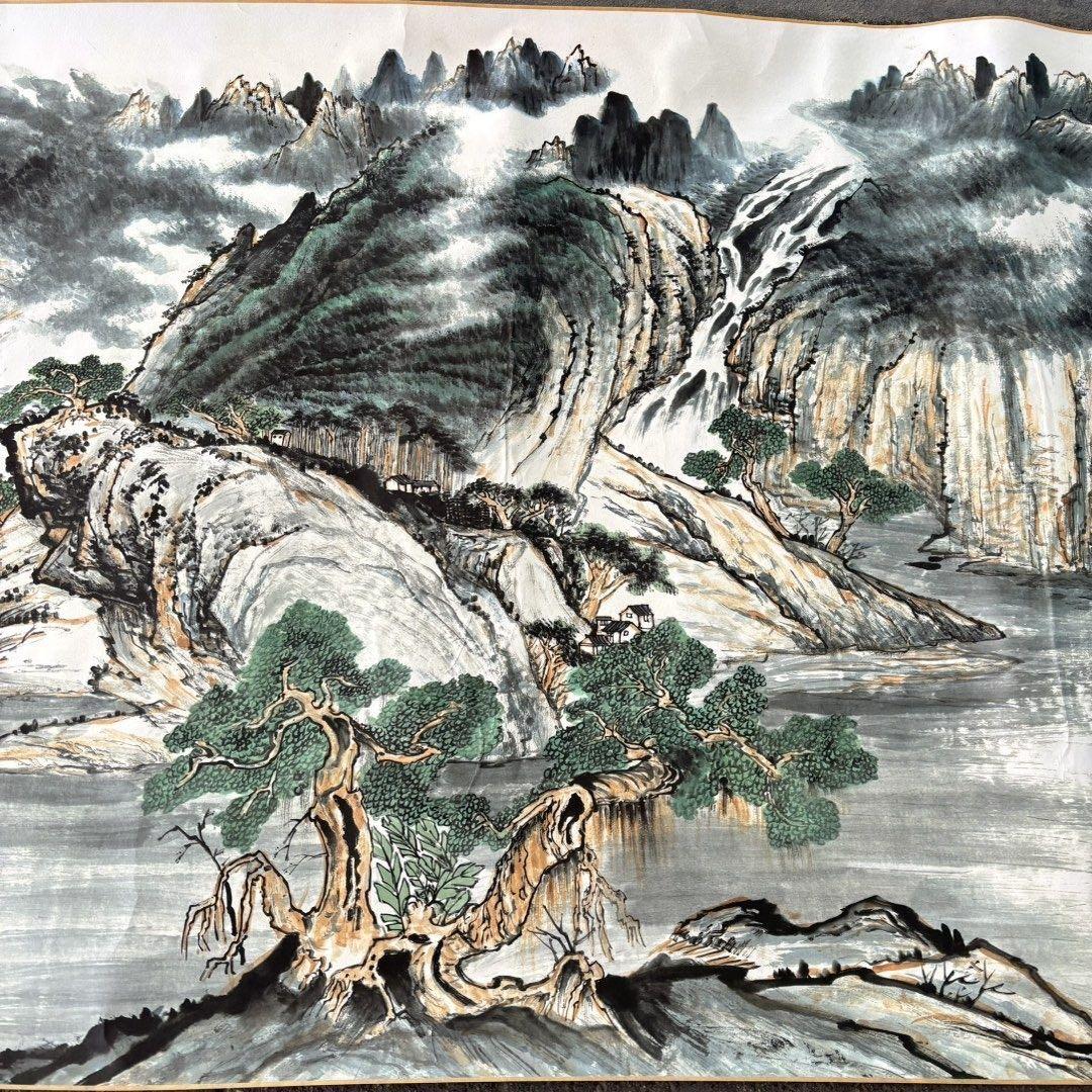 近代 山水画 長巻 掛軸 約326cm