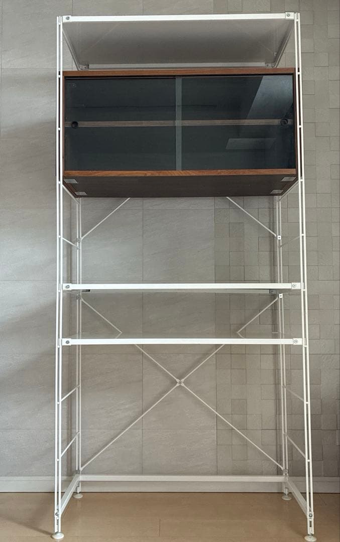 お値下中！無印良品スチールユニットシェルフ ウォールナット材ガラス扉付組み立て済
