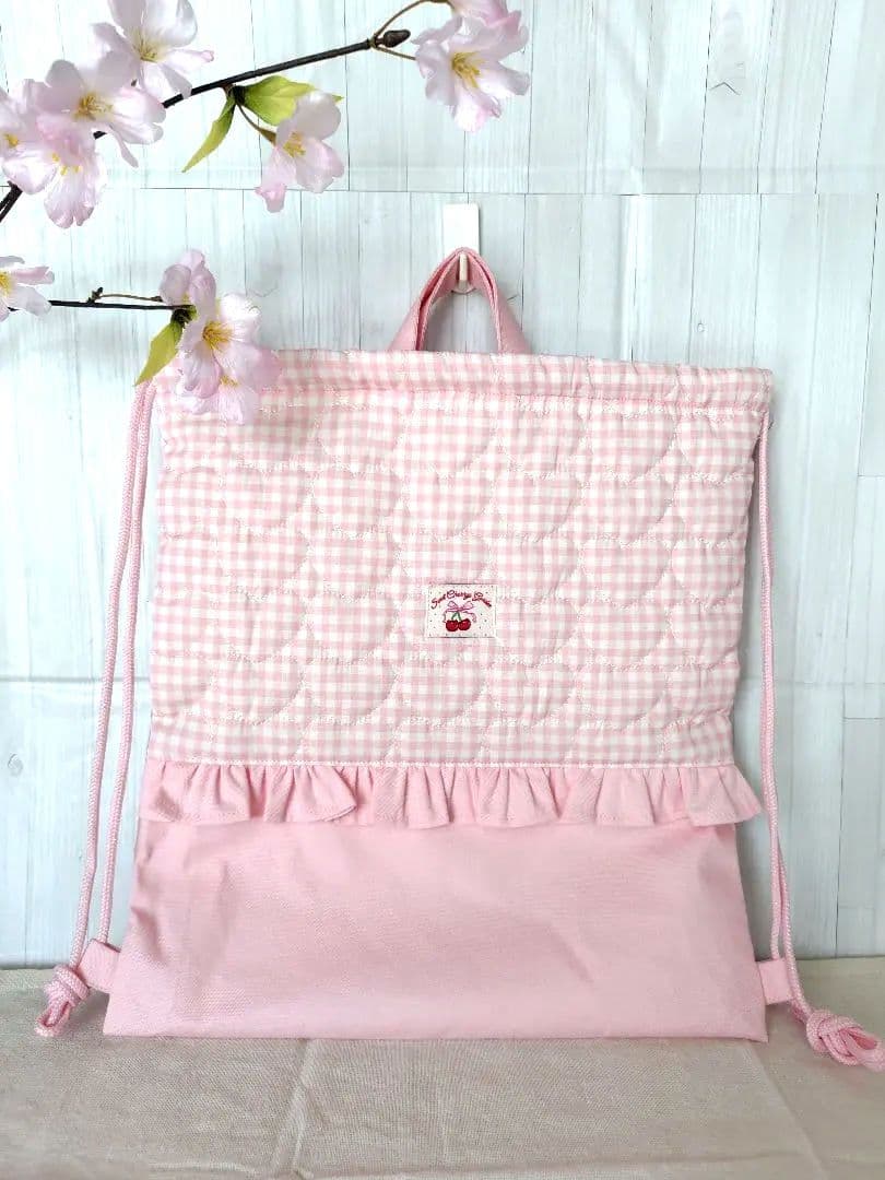 入園 入学 レッスンバッグ3点セット 【ピンクハートチェック×フリル】