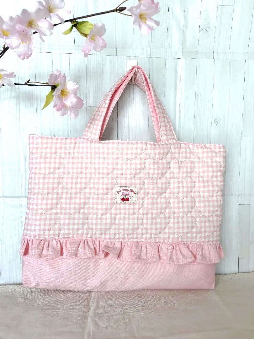 入園 入学 レッスンバッグ3点セット 【ピンクハートチェック×フリル】
