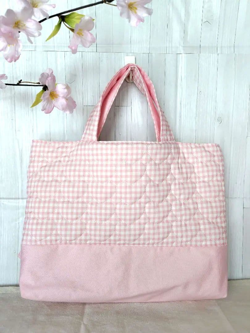 入園 入学 レッスンバッグ3点セット 【ピンクハートチェック×フリル】