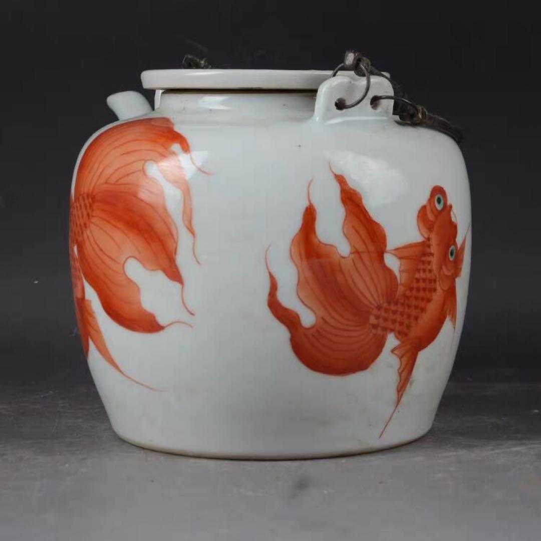 景徳鎮 陶磁器 金魚紋提梁壺 茶壺 煎茶器 装飾品 置物