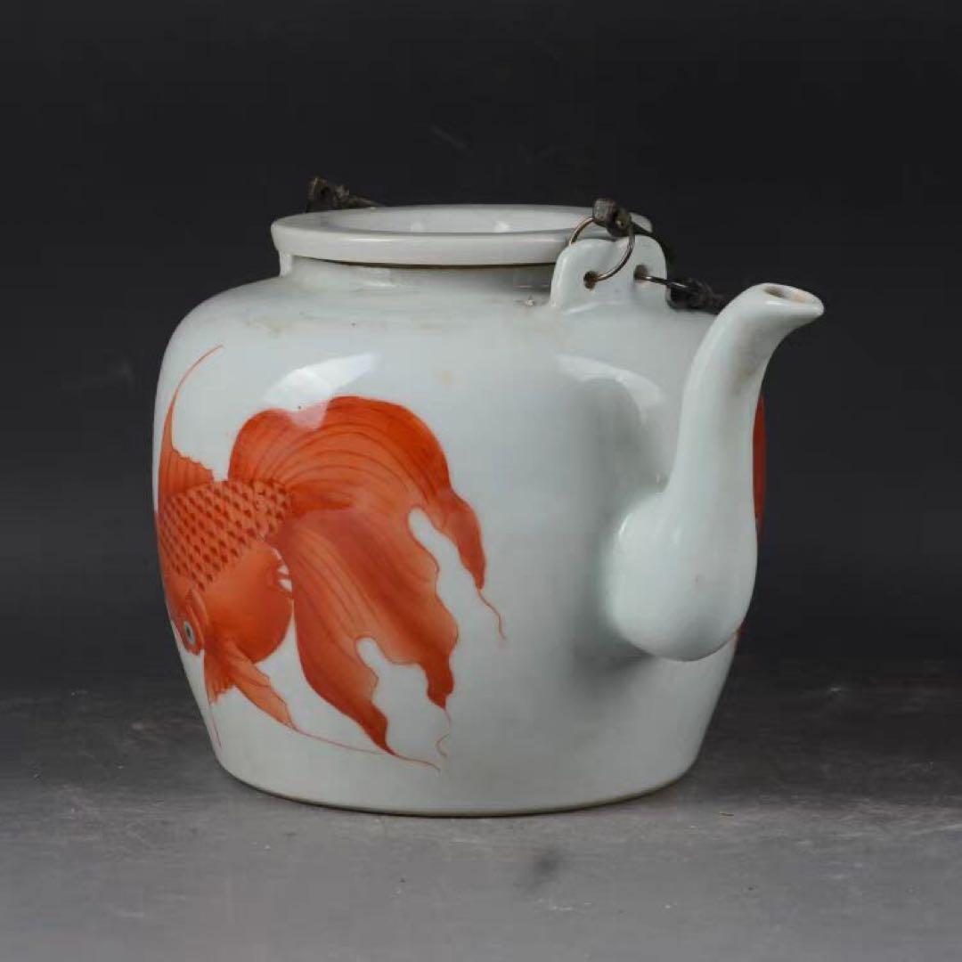 景徳鎮 陶磁器 金魚紋提梁壺 茶壺 煎茶器 装飾品 置物