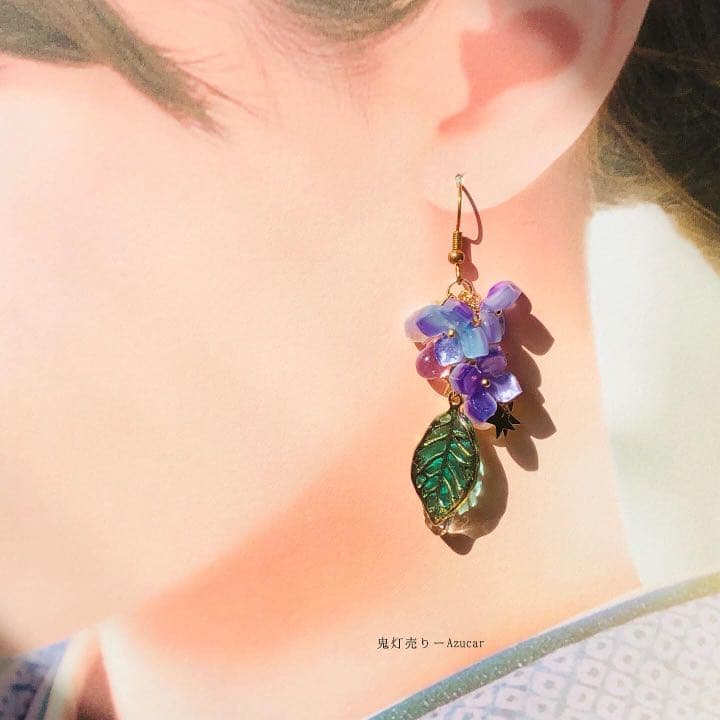 彼岸花傘と紫陽花の和風ピアス　イヤリング(雨の日コーデ3点セット)