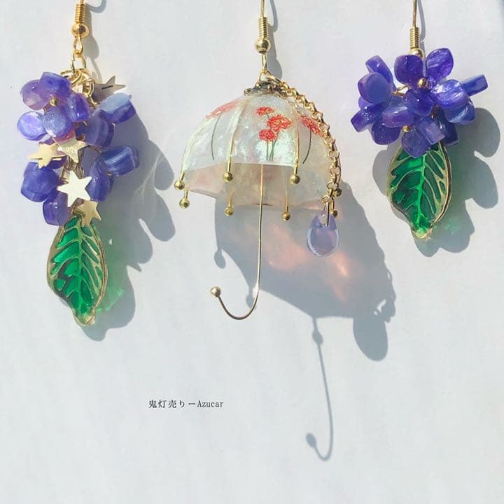 彼岸花傘と紫陽花の和風ピアス　イヤリング(雨の日コーデ3点セット)