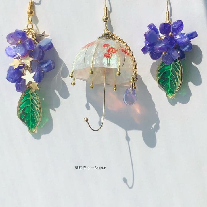 彼岸花傘と紫陽花の和風ピアス　イヤリング(雨の日コーデ3点セット)