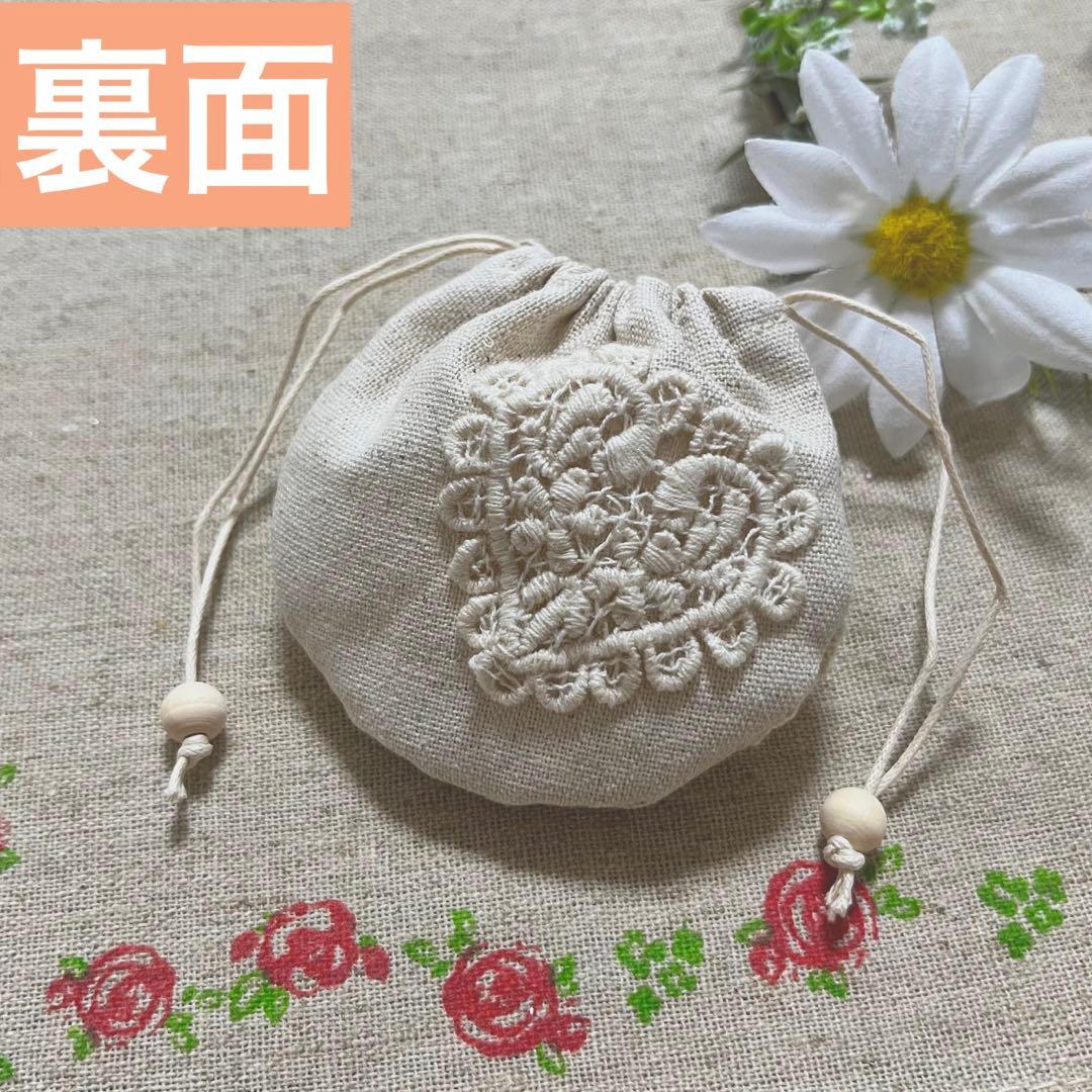 2308-2 手のひら巾着サシェ 香り袋 綿麻 レース ローズ刺繍 オレンジ