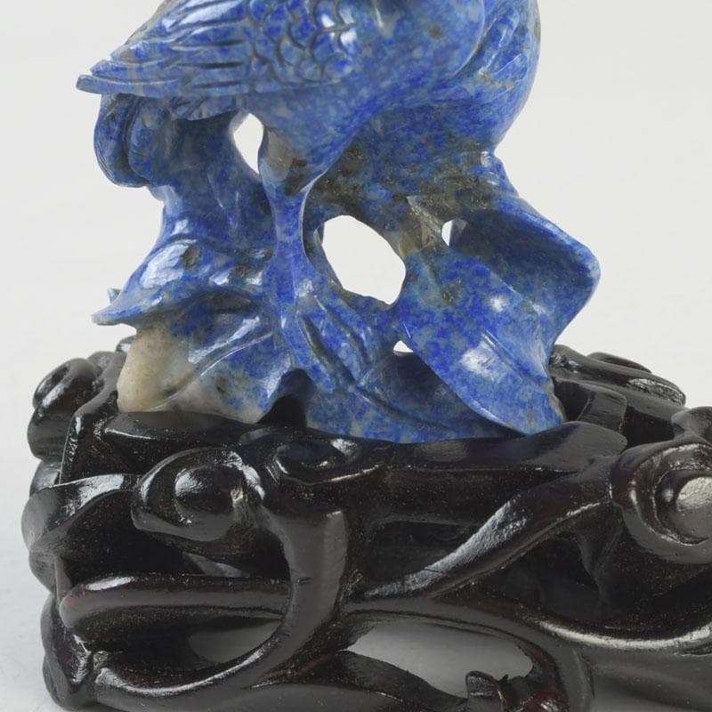 中国　玉石青晶石彫刻　双鶴刻　置物　唐木台付　V　9996